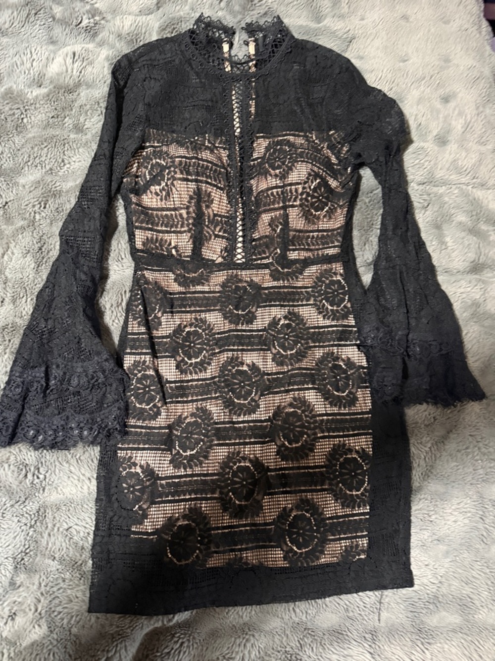 AKIRA Black Lace Long Sleeve Sheath Dress with Nude Lining